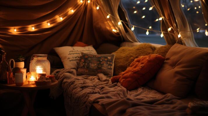 Cozy and romantic Valentine's Day at home setup with candles and blankets